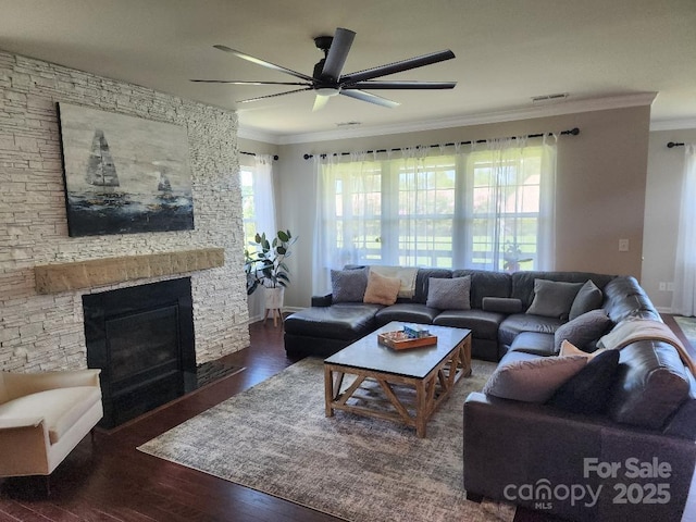 246 Sweet Briar Dr, Fort Mill, SC 29707 - living area featuring a wealth of natural light, wood finished floors, ceiling fan, and ornamental molding