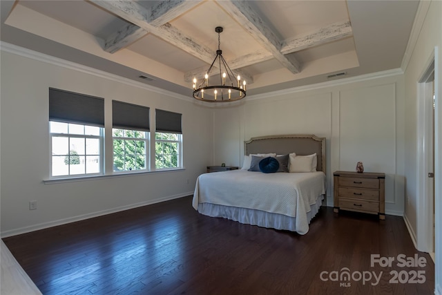 246 Sweet Briar Dr, Fort Mill, SC 29707 - bedroom featuring visible vents, coffered ceiling, dark wood-style flooring, beamed ceiling, and a notable chandelier