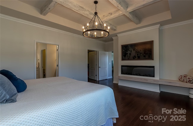 246 Sweet Briar Dr, Fort Mill, SC 29707 - bedroom with beam ceiling, a notable chandelier, ornamental molding, coffered ceiling, and dark wood-style floors