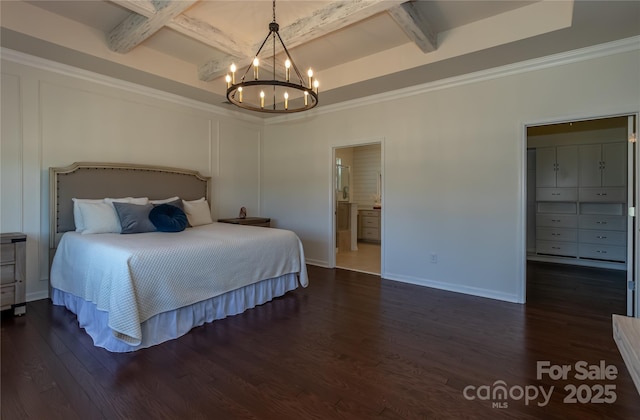 246 Sweet Briar Dr, Fort Mill, SC 29707 - bedroom featuring wood finished floors, baseboards, an inviting chandelier, beam ceiling, and a spacious closet