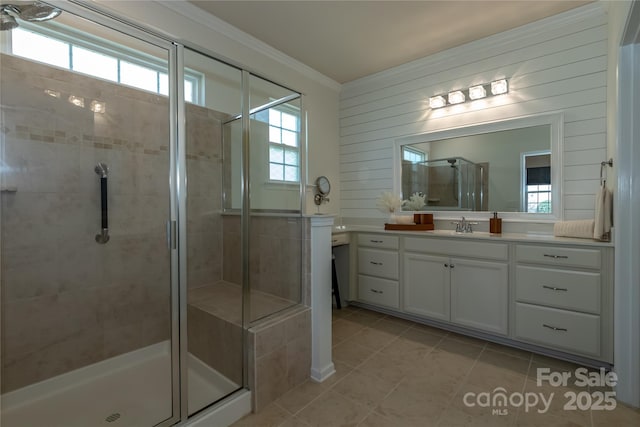 246 Sweet Briar Dr, Fort Mill, SC 29707 - full bath with vanity, a shower stall, wood walls, and tile patterned floors