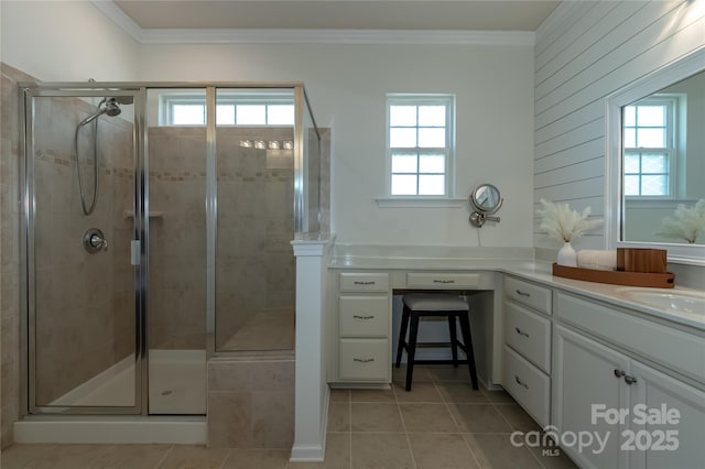 246 Sweet Briar Dr, Fort Mill, SC 29707 - bathroom featuring vanity, a shower stall, and ornamental molding