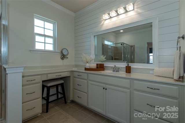 246 Sweet Briar Dr, Fort Mill, SC 29707 - full bathroom featuring vanity, wooden walls, a shower stall, crown molding, and tile patterned floors