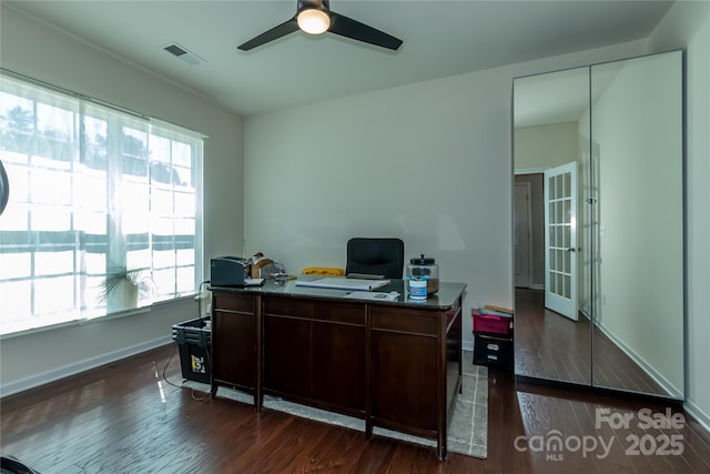 246 Sweet Briar Dr, Fort Mill, SC 29707 - home office featuring visible vents, baseboards, ceiling fan, and wood finished floors