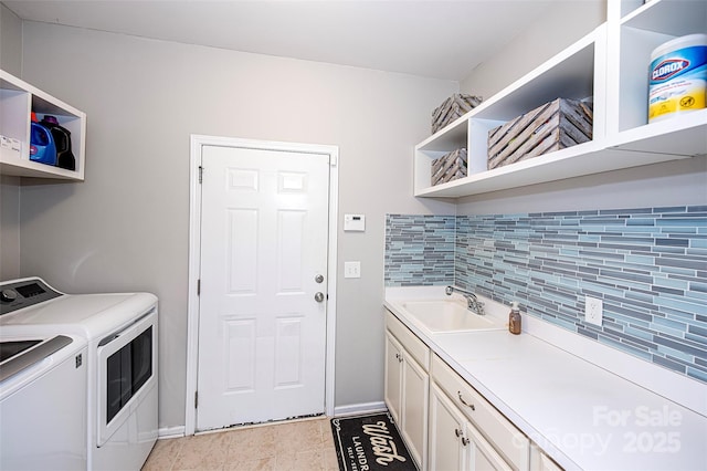 246 Sweet Briar Dr, Fort Mill, SC 29707 - washroom with light tile patterned floors, cabinet space, independent washer and dryer, and a sink