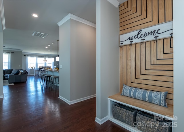 246 Sweet Briar Dr, Fort Mill, SC 29707 - mudroom with visible vents, baseboards, dark wood-style floors, and crown molding