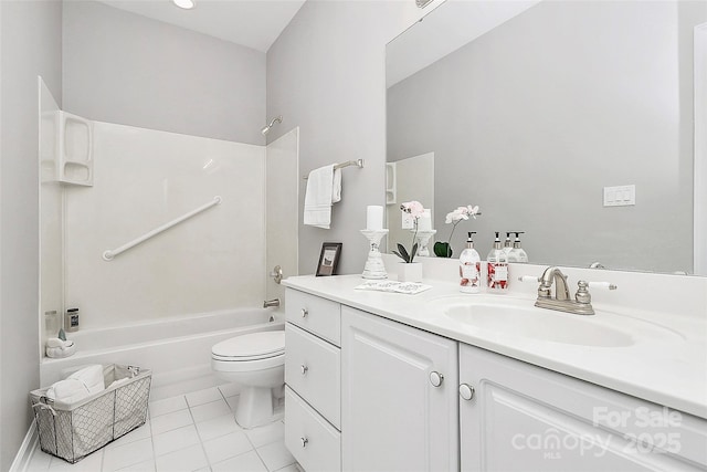 full bath with tile patterned flooring, toilet, vanity, and shower / bath combination