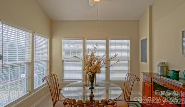 dining room with electric panel, baseboards, and ceiling fan