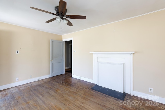 interior space with wood finished floors, baseboards, and ceiling fan