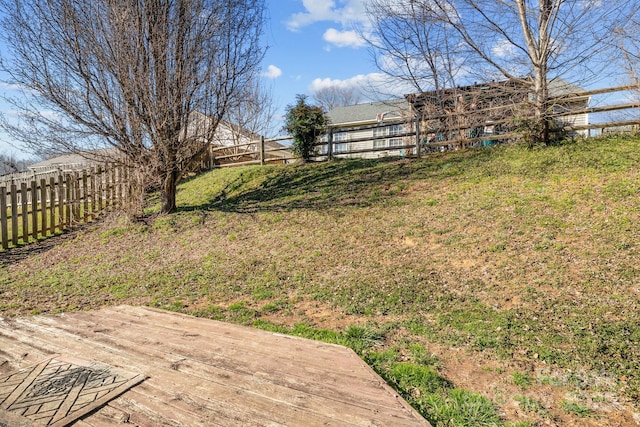 view of yard with a wooden deck and a fenced backyard