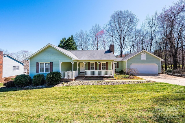 ranch-style home with driveway, a front lawn, a porch, an attached garage, and a chimney