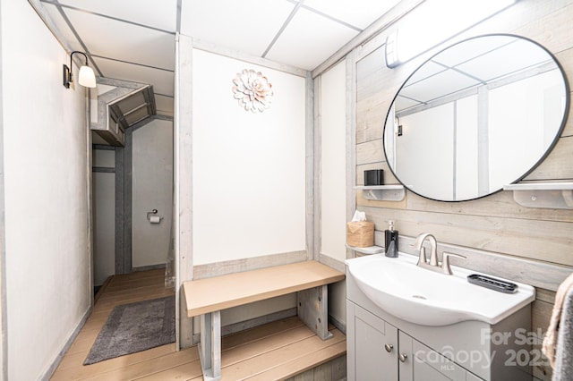 bathroom with wooden walls, wood finished floors, and vanity