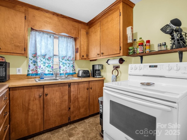 kitchen featuring white electric range oven, brown cabinetry, light countertops, and a sink