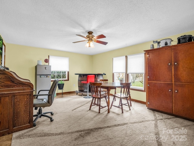 office area featuring carpet flooring, a ceiling fan, a wealth of natural light, and a textured ceiling