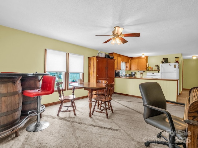 office featuring a textured ceiling, light carpet, baseboards, and ceiling fan