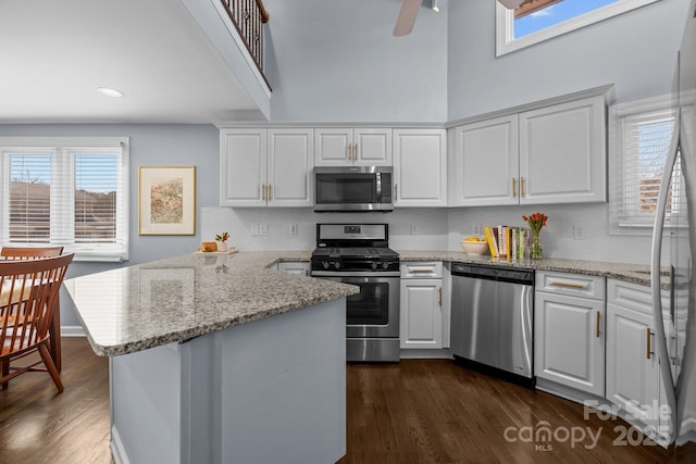 kitchen featuring white cabinetry, a peninsula, dark wood-style floors, and appliances with stainless steel finishes