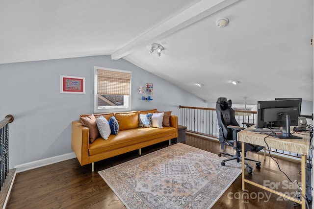 home office with lofted ceiling with beams, baseboards, and dark wood-style floors