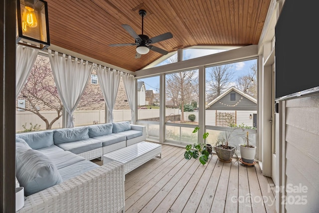 sunroom / solarium with wood ceiling, lofted ceiling, and ceiling fan