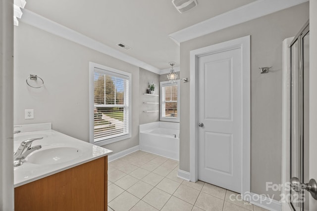 full bath with a sink, visible vents, a garden tub, and tile patterned flooring