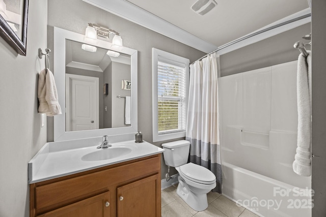 full bath featuring vanity, visible vents, ornamental molding, tile patterned floors, and toilet