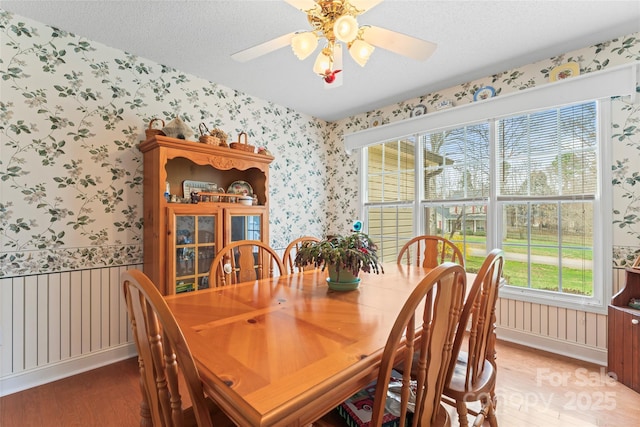 dining area featuring light wood finished floors, a textured ceiling, wallpapered walls, and ceiling fan