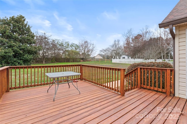 wooden terrace featuring a lawn and a fenced backyard