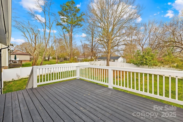 wooden terrace with a yard and a fenced backyard