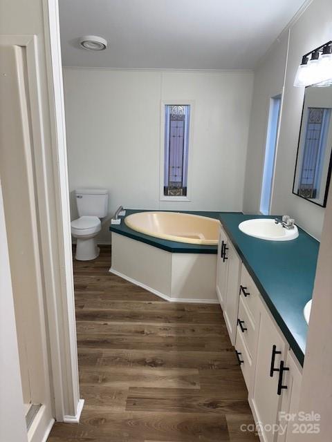 bathroom featuring a garden tub, toilet, a sink, wood finished floors, and double vanity