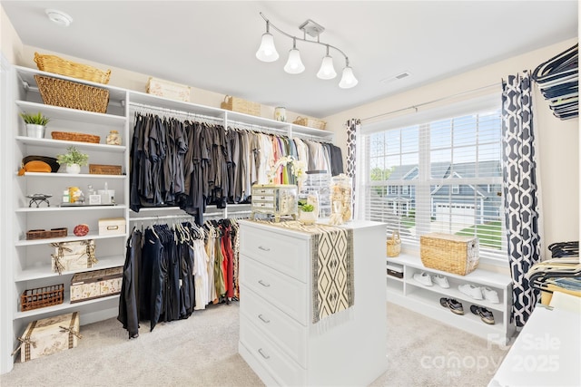 spacious closet with visible vents and light colored carpet