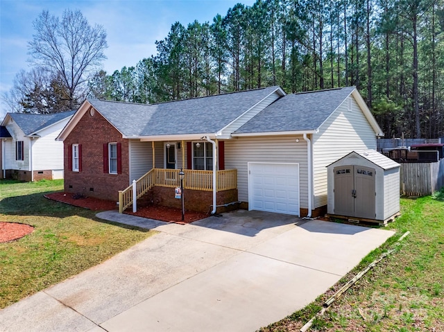 ranch-style house featuring crawl space, a front lawn, a porch, and an attached garage