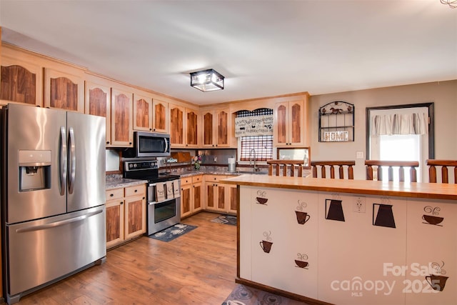 kitchen featuring light brown cabinets, a sink, appliances with stainless steel finishes, and wood finished floors