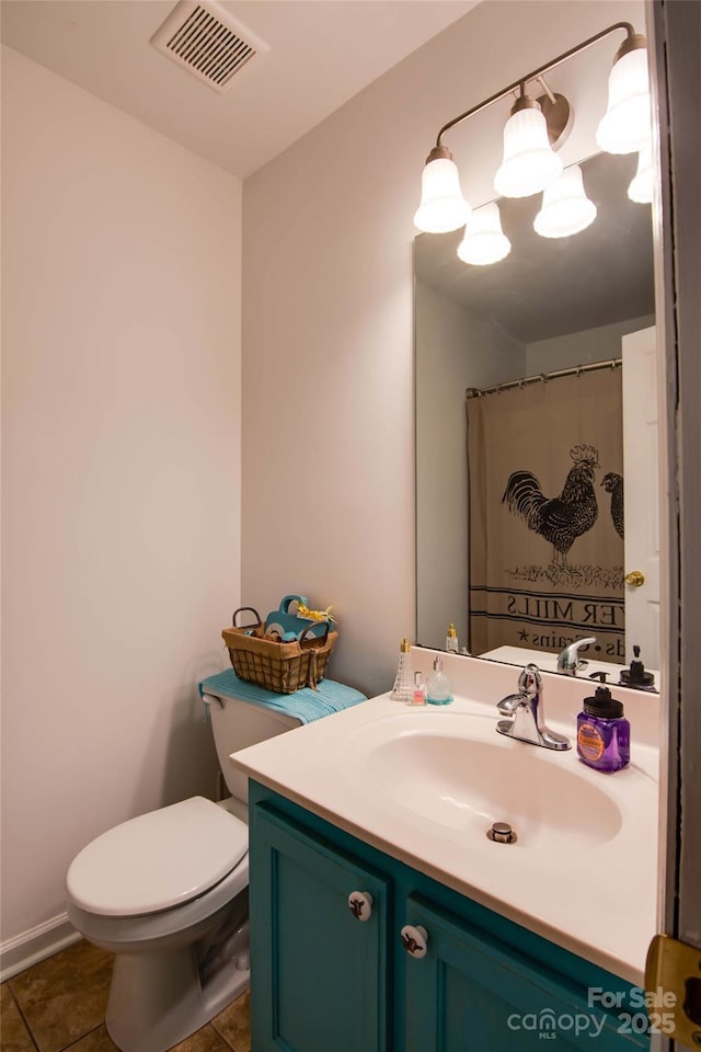 bathroom featuring tile patterned floors, visible vents, toilet, curtained shower, and vanity