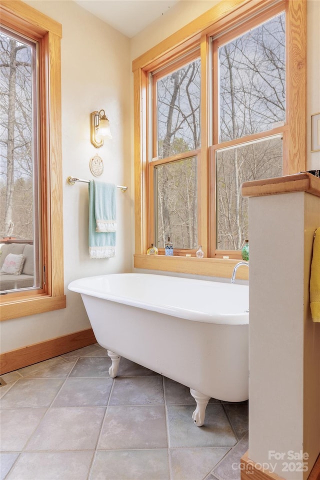 full bathroom with a freestanding tub and baseboards