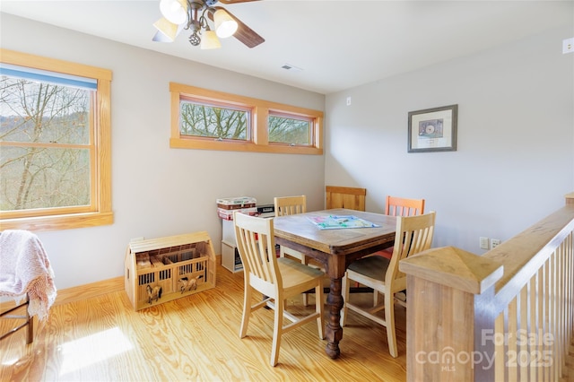 dining space featuring visible vents, a healthy amount of sunlight, a ceiling fan, and wood finished floors