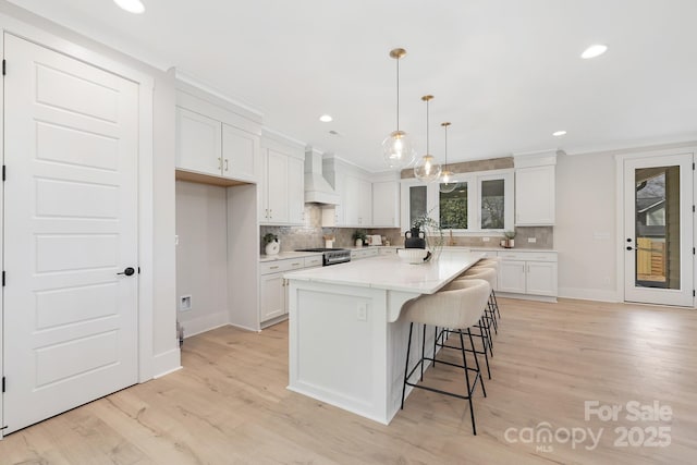 kitchen with custom exhaust hood, decorative backsplash, and white cabinets