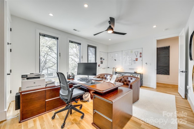 office area with ceiling fan, light wood-type flooring, recessed lighting, and baseboards