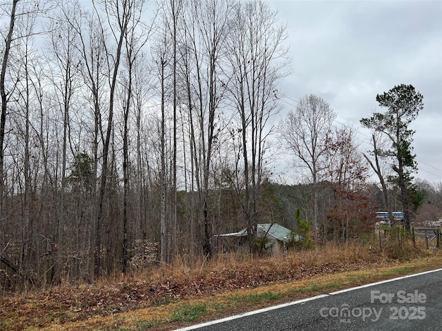 view of road with a wooded view