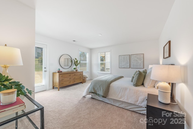 bedroom featuring access to outside and carpet