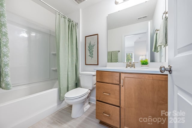 full bath with vanity, shower / bath combination with curtain, toilet, and visible vents