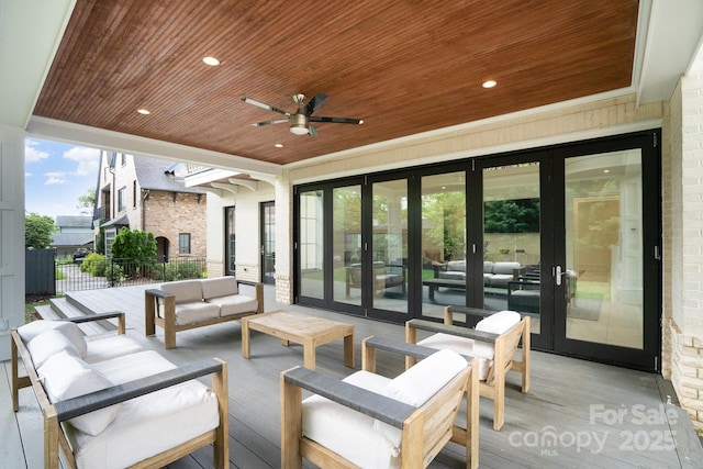 1665 Sterling Rd, Charlotte, NC 28209 - view of patio / terrace featuring outdoor lounge area, a deck, french doors, and ceiling fan