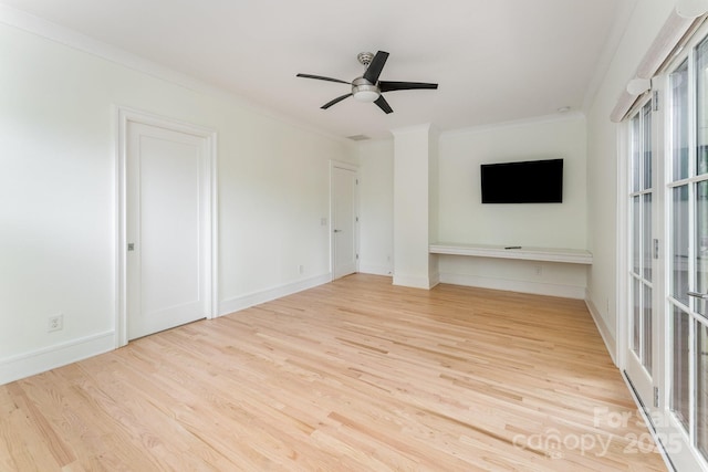 1665 Sterling Rd, Charlotte, NC 28209 - unfurnished living room with wood finished floors, ornamental molding, baseboards, and ceiling fan