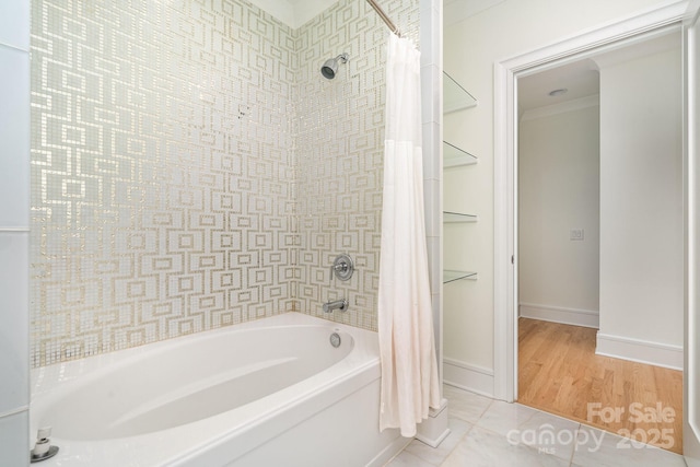 1665 Sterling Rd, Charlotte, NC 28209 - bathroom featuring shower / bathtub combination with curtain, tile patterned floors, and baseboards