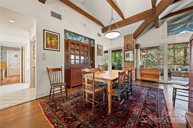 32 Fairway Rdg, Lake Wylie, SC 29710 - dining area with visible vents, high vaulted ceiling, beamed ceiling, and wood finished floors