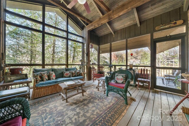 32 Fairway Rdg, Lake Wylie, SC 29710 - sunroom with beam ceiling, outdoor lounge area, and a ceiling fan