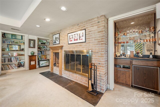 32 Fairway Rdg, Lake Wylie, SC 29710 - living area featuring recessed lighting, carpet flooring, bar area, and a fireplace