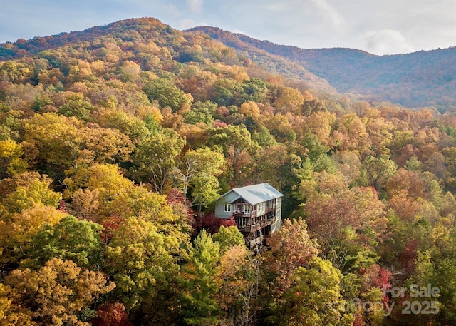 drone / aerial view featuring a mountain view and a forest view