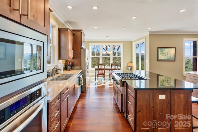 kitchen featuring a notable chandelier, a healthy amount of sunlight, stainless steel appliances, and a sink