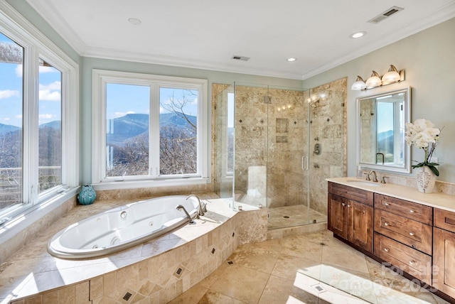 full bath with vanity, a tub with jets, visible vents, a stall shower, and ornamental molding