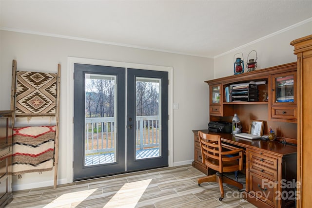 home office featuring a wealth of natural light, french doors, wood tiled floor, and ornamental molding