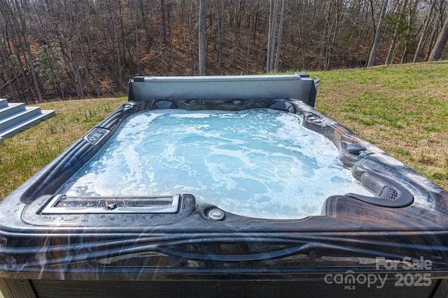 details featuring a forest view and a hot tub